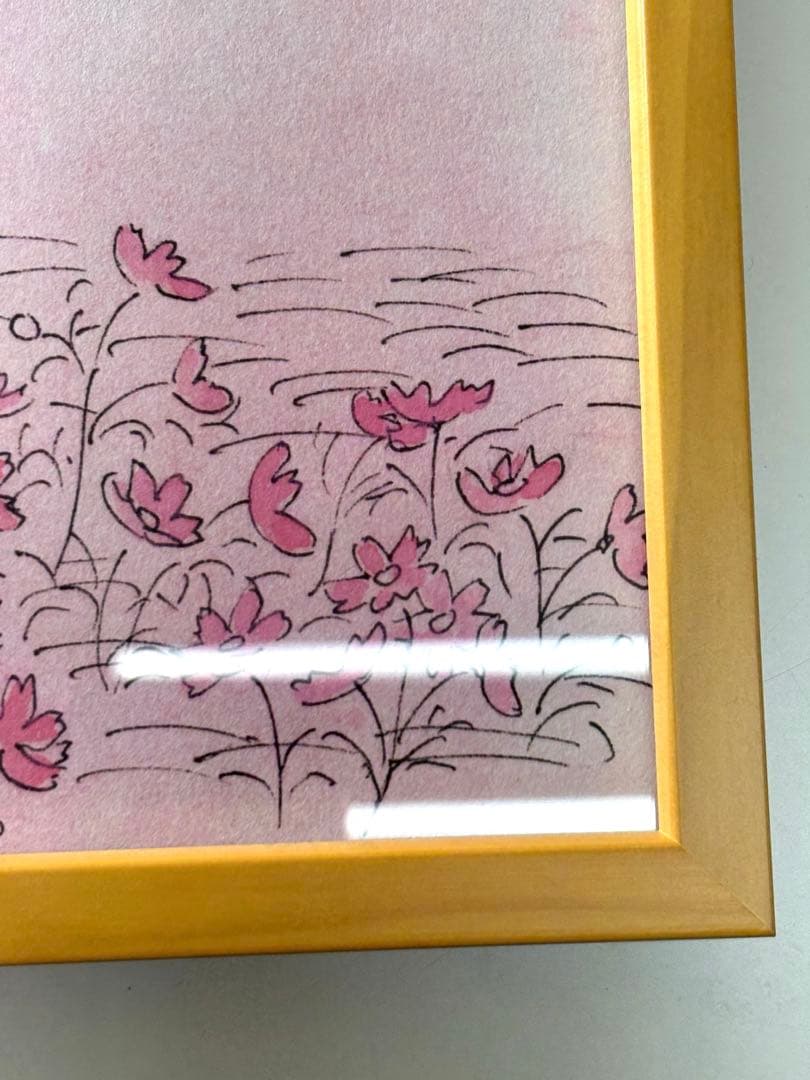 美品 みつはしちかこ　額付き絵　女の子ブランコ 秋のコスモス畑　小さな恋の物語