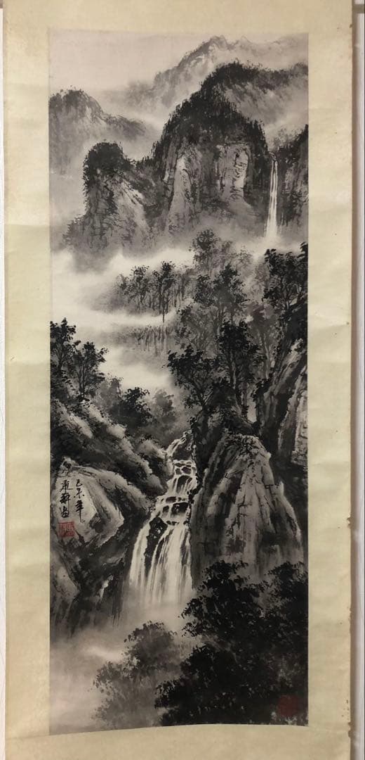 掛け軸　中国美術 秉耕絵［墨山水図］紙本 28!