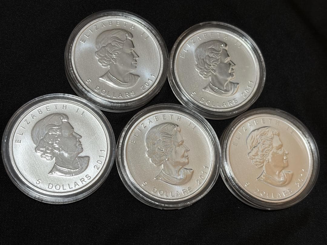 2011年メイプルリーフ銀貨5枚セット カナダ 5ドル 純銀貨 エリザベス2世