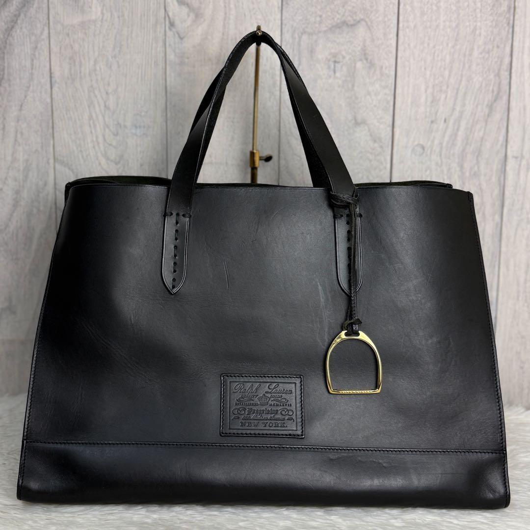 RALPH LAUREN ラルフローレン ロゴ レザー トートバッグ A4可 黒