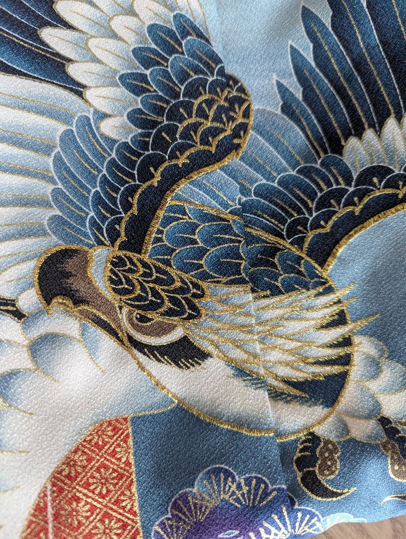 七五三用 鷹刺繍 青　肩上げ腰上げ済み　フルセット