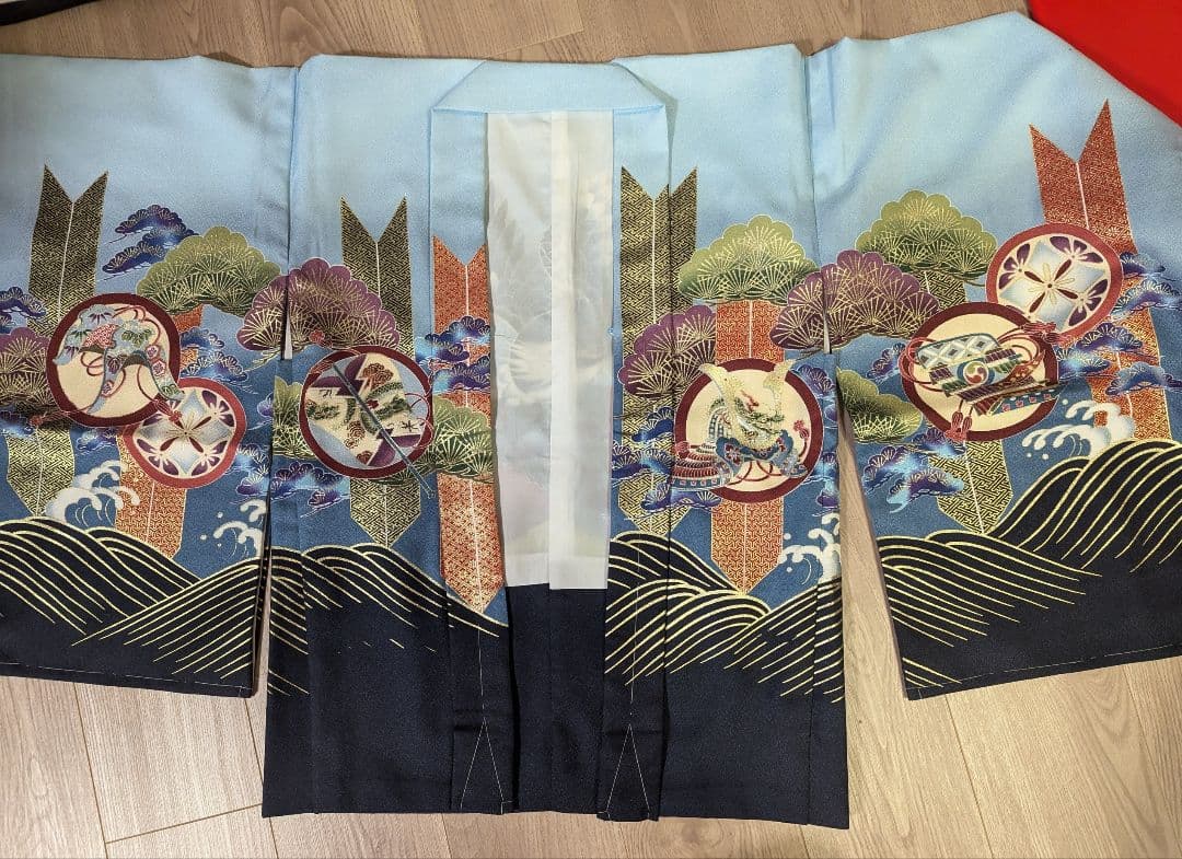 七五三用 鷹刺繍 青　肩上げ腰上げ済み　フルセット
