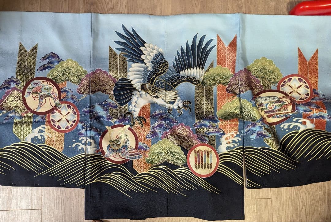 七五三用 鷹刺繍 青　肩上げ腰上げ済み　フルセット