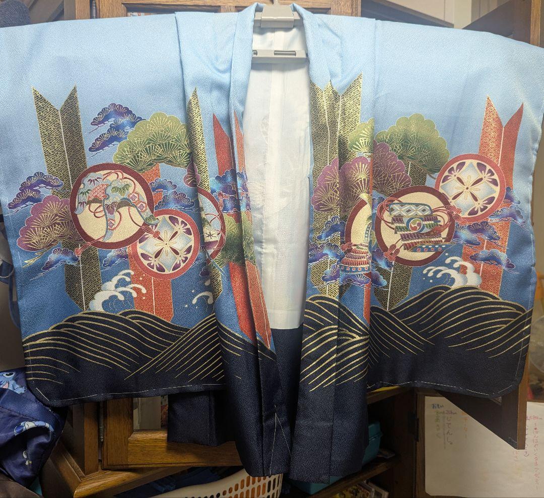 七五三用 鷹刺繍 青　肩上げ腰上げ済み　フルセット