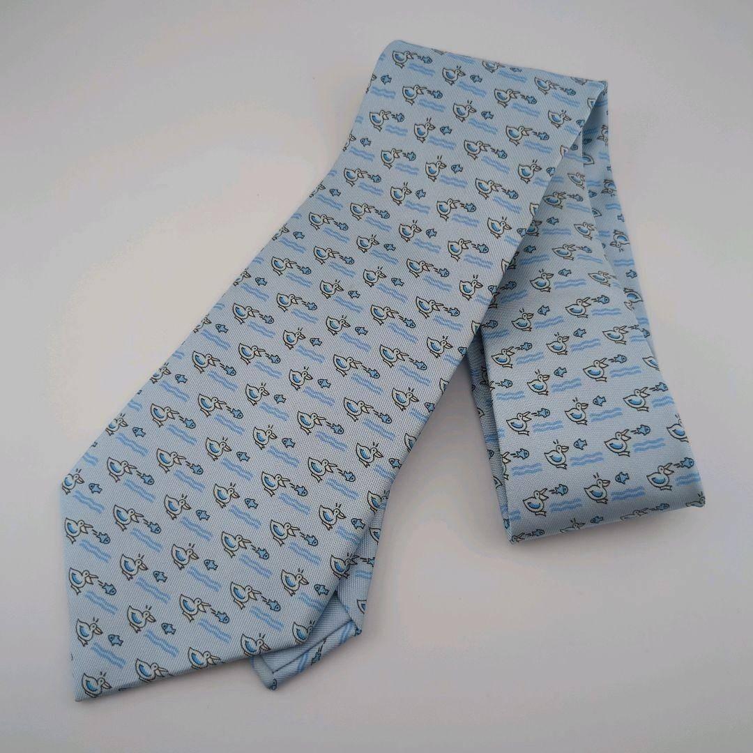 【美品】HERMES エルメス ネクタイ 水色 アヒル柄 シルク100% 動物柄