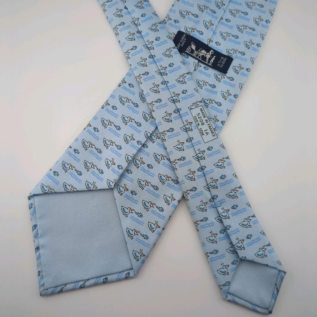 【美品】HERMES エルメス ネクタイ 水色 アヒル柄 シルク100% 動物柄