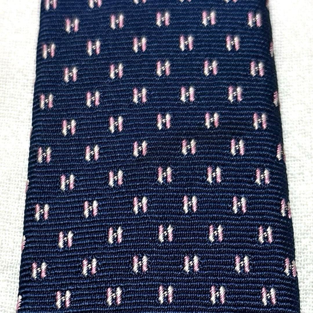 HERMES エルメス　ネクタイ　ネイビー　H柄　ファソネ　美品　※