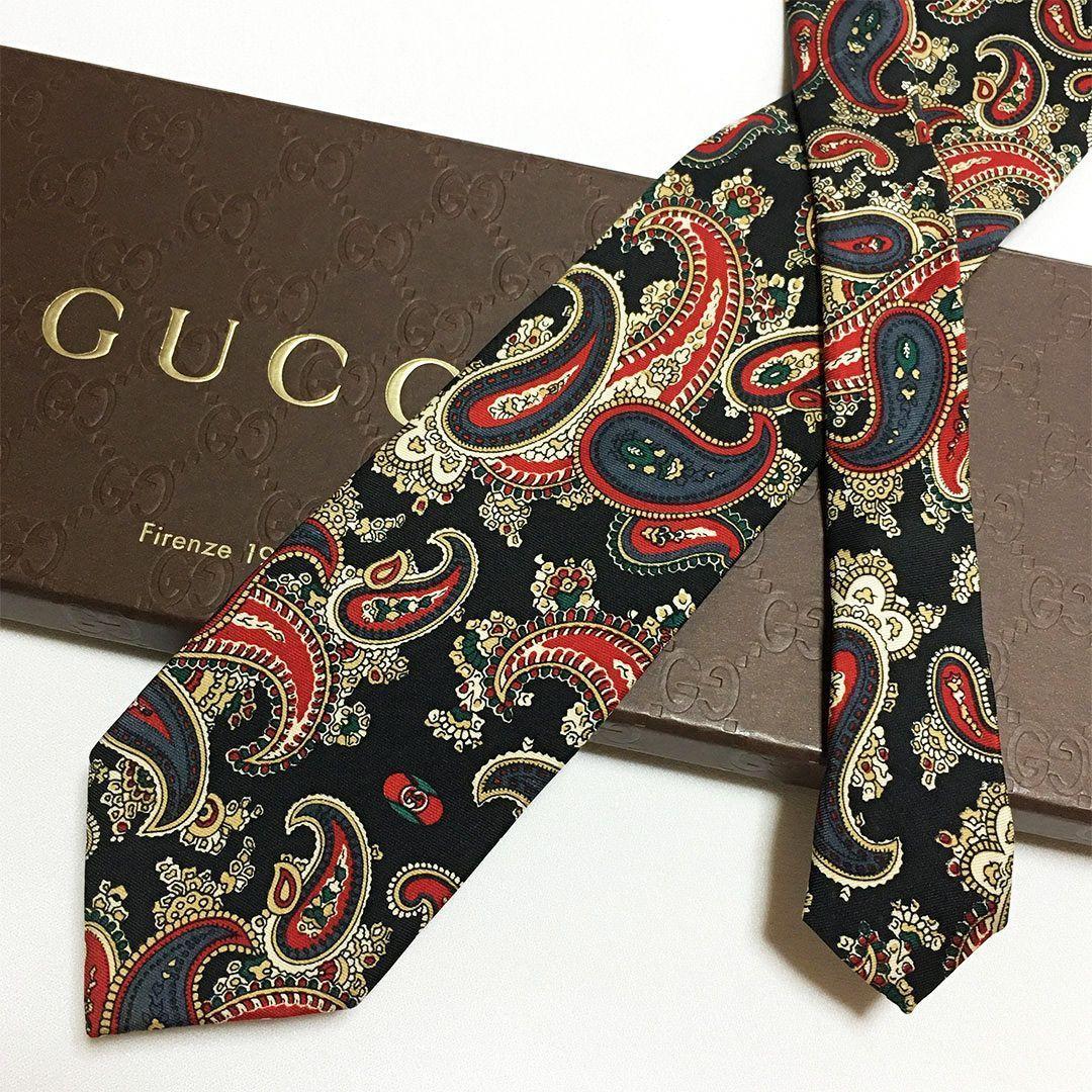 未使用級 グッチ GUCCI ネクタイ シルク100% ブラック ペイズリー柄