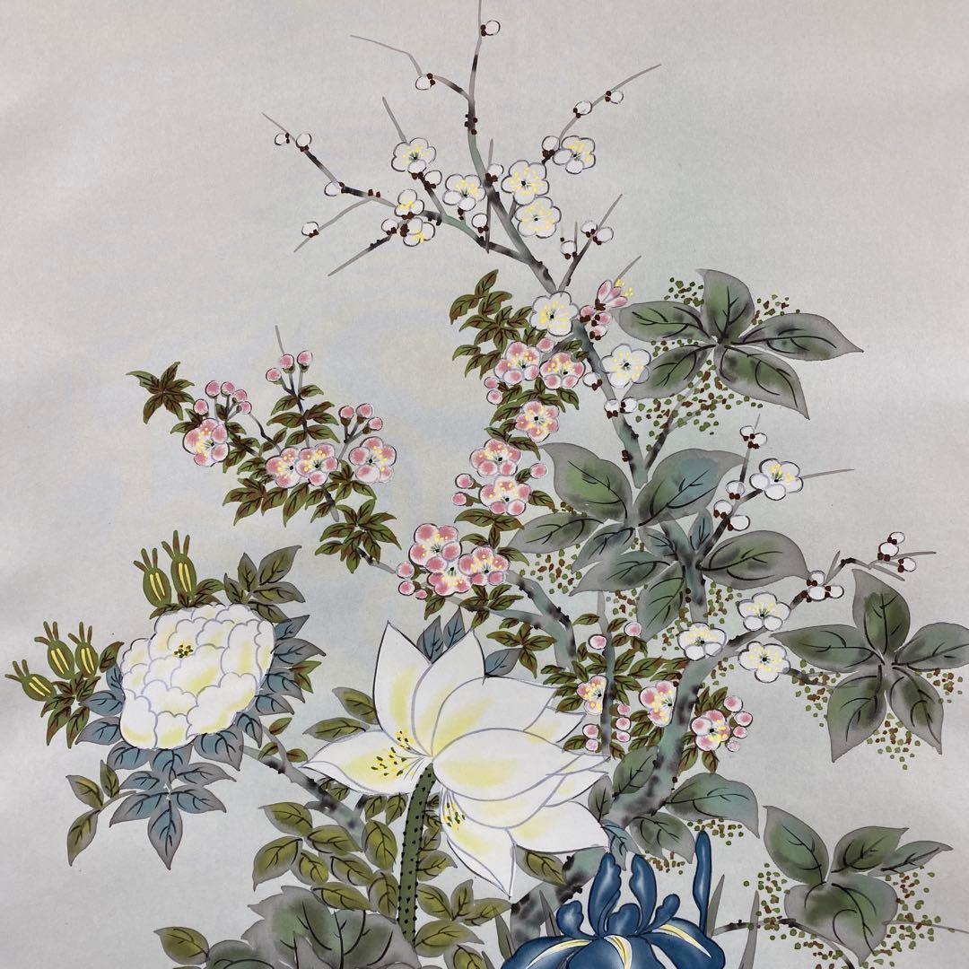 美品 掛け軸 香川晶園作 名花十友図 共箱 縁起物 四季花 牡丹
