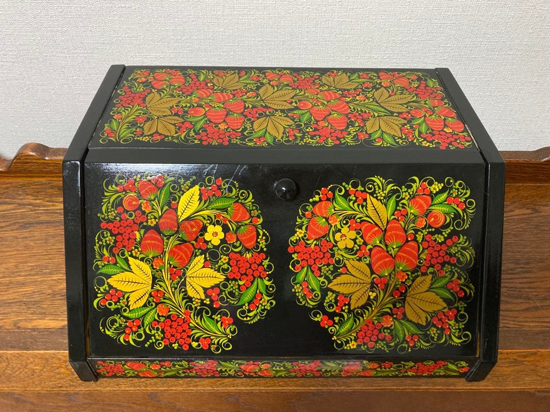 ロシア雑貨☆伝統工芸ホフロマ塗り収納ケース木製箱bread boxマトリョーシカ