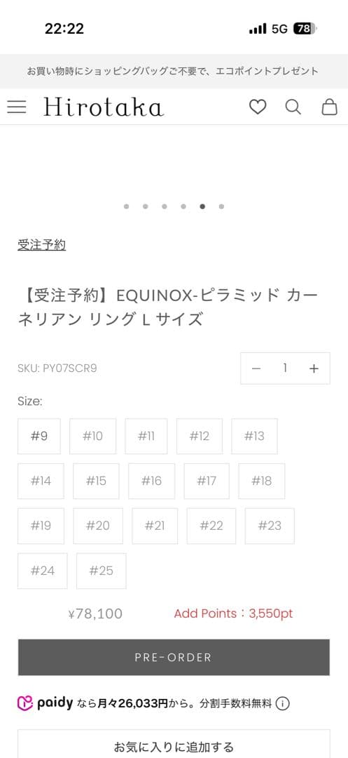 EQUINOX ピラミッド カーリアン リング Lサイズ