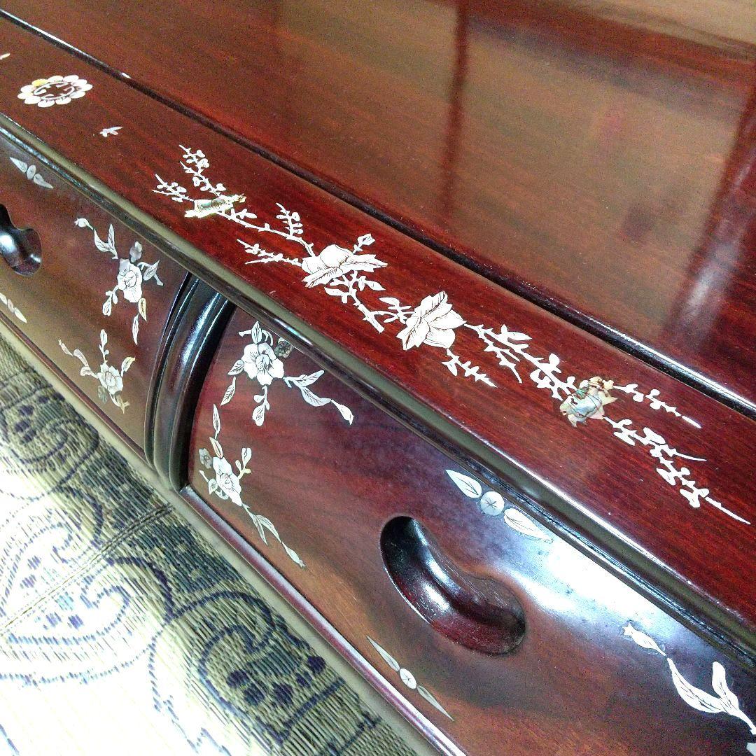 螺鈿 木製座卓 テーブル 花柄 引き出し付 アジアン