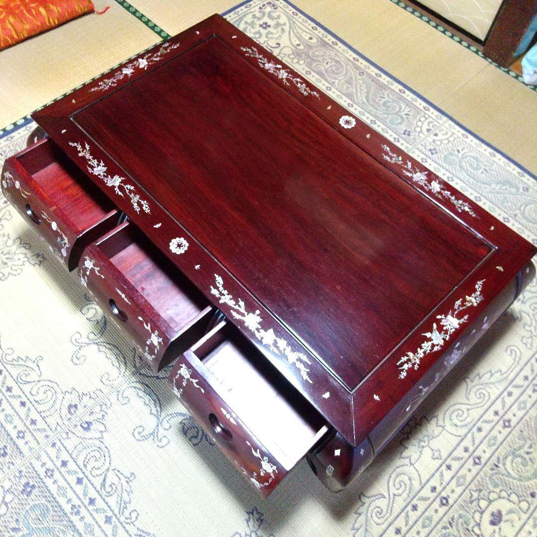 螺鈿 木製座卓 テーブル 花柄 引き出し付 アジアン