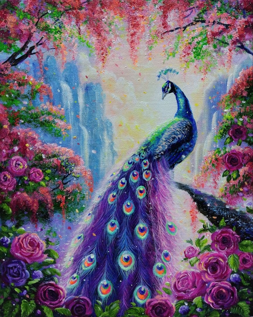 琥*ん様 【クジャク】アクリル画 F3 風景画 絵画