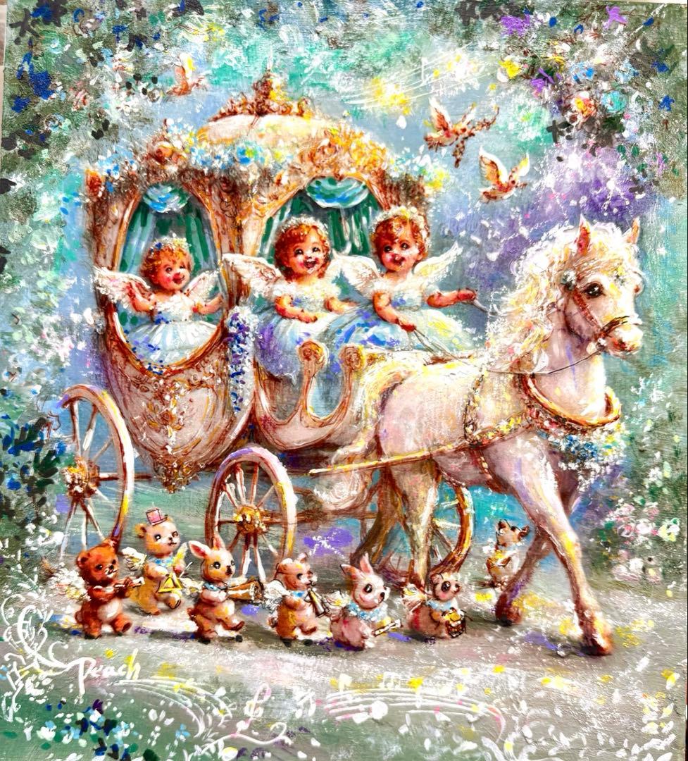 a*a様 絵画原画《三天使のWhiteパレード》動物達も奏でるhappy Art