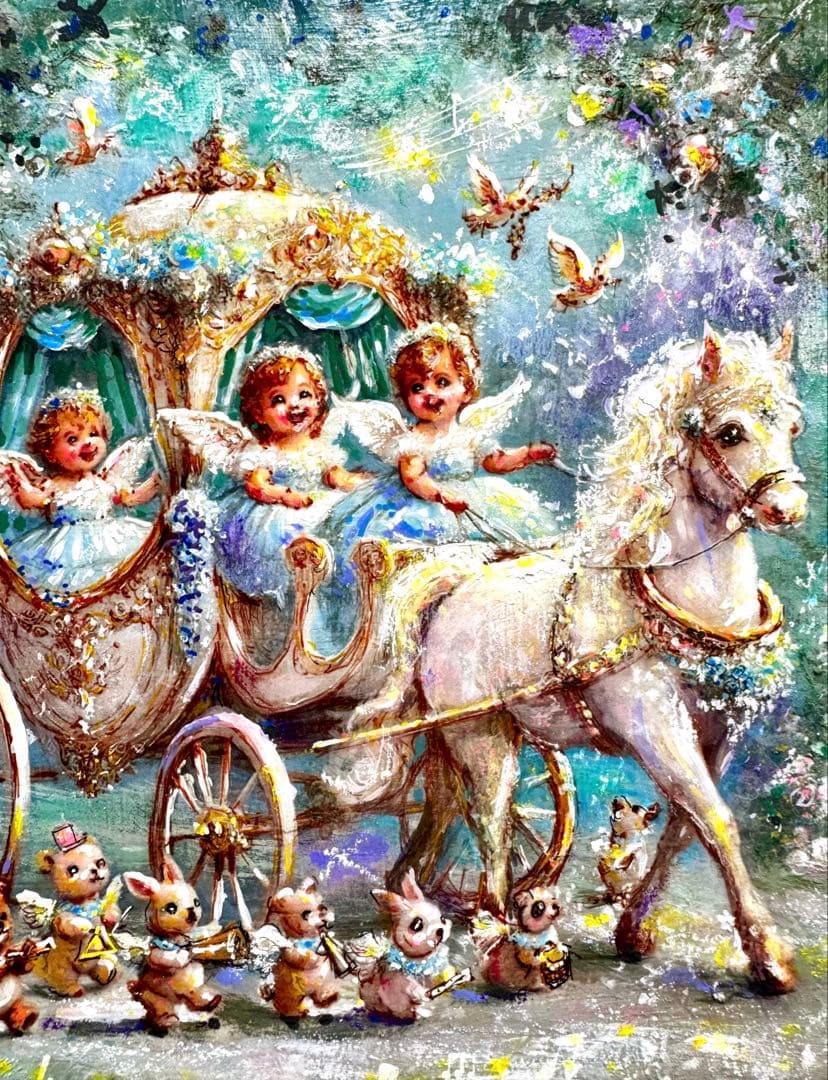 a*a様 絵画原画《三天使のWhiteパレード》動物達も奏でるhappy Art