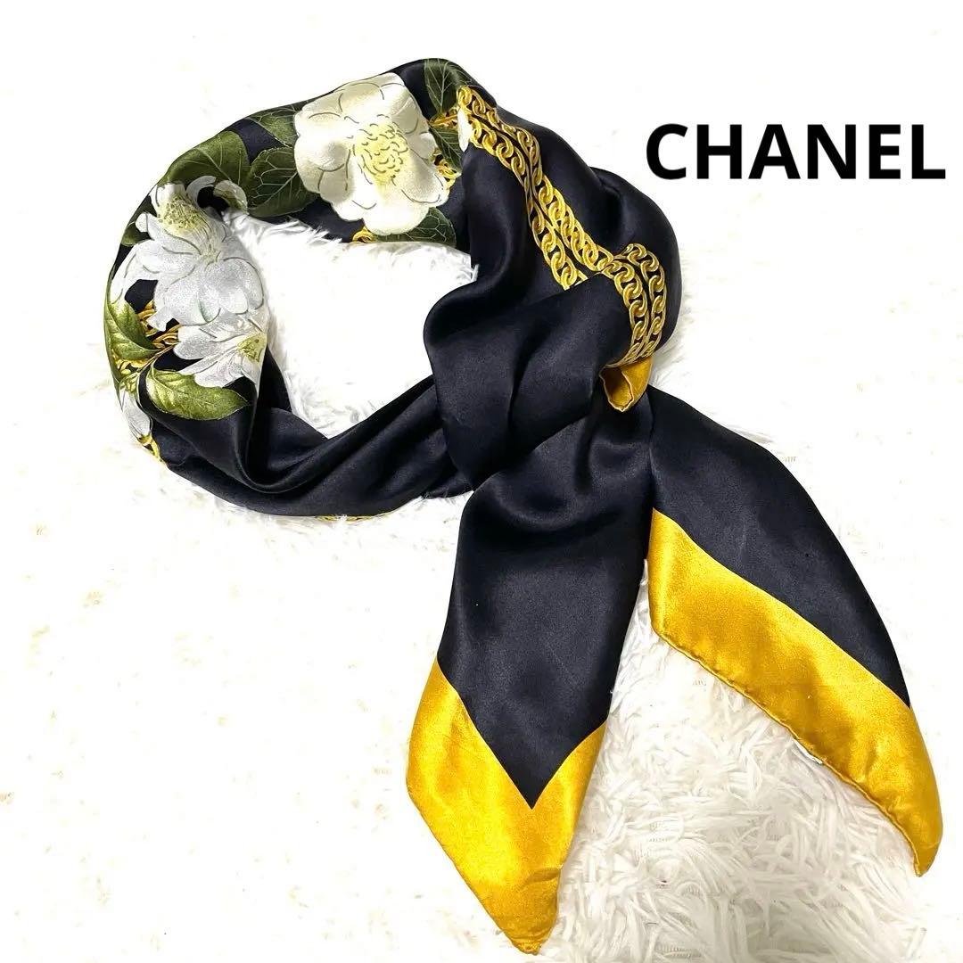 CHANEL大判シルクスカーフ カメリア柄　光沢　タグあり