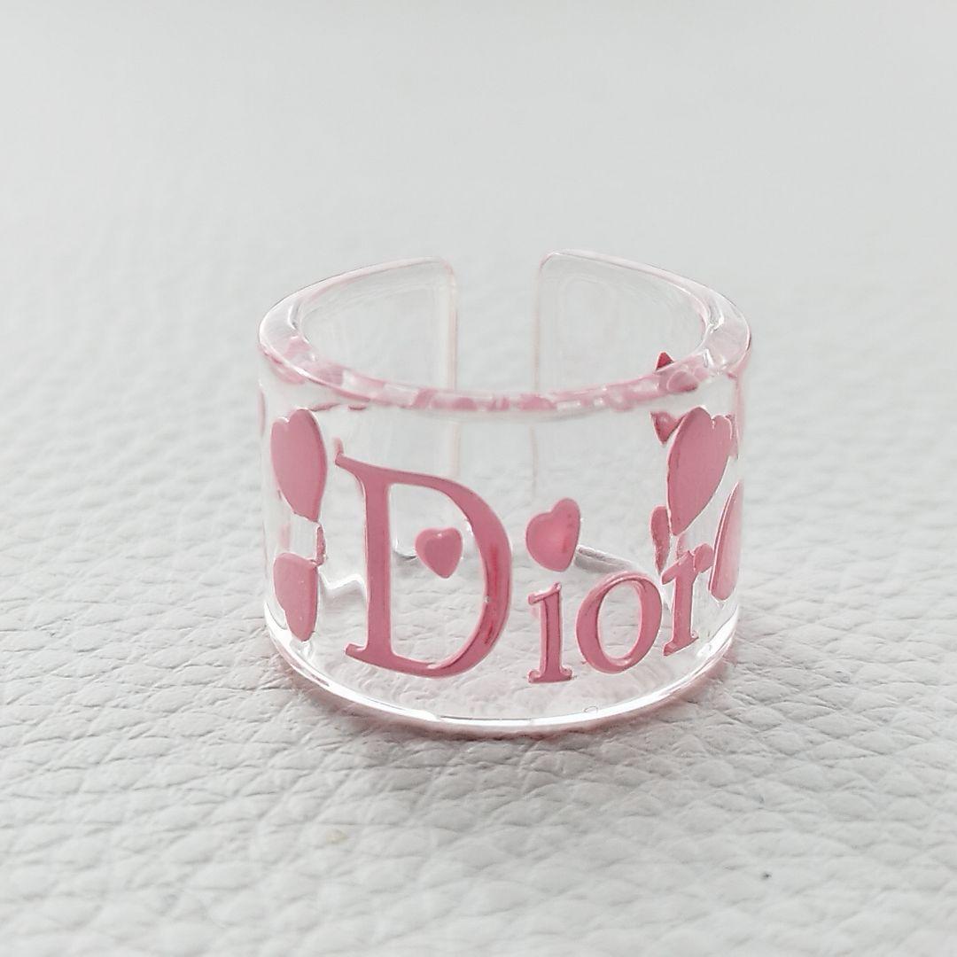 【未使用】Dior　ディオール　アクリルリング　13号　ハート　ロゴ　ピンク