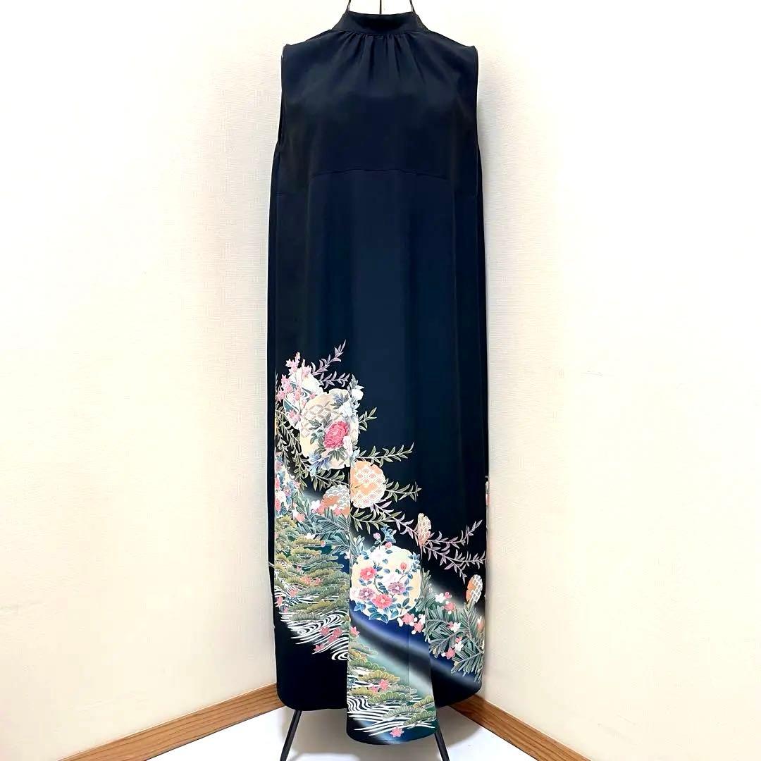 26009 着物リメイク　ワンピース　黒留袖　２Way　Mリボン・ボレロ付