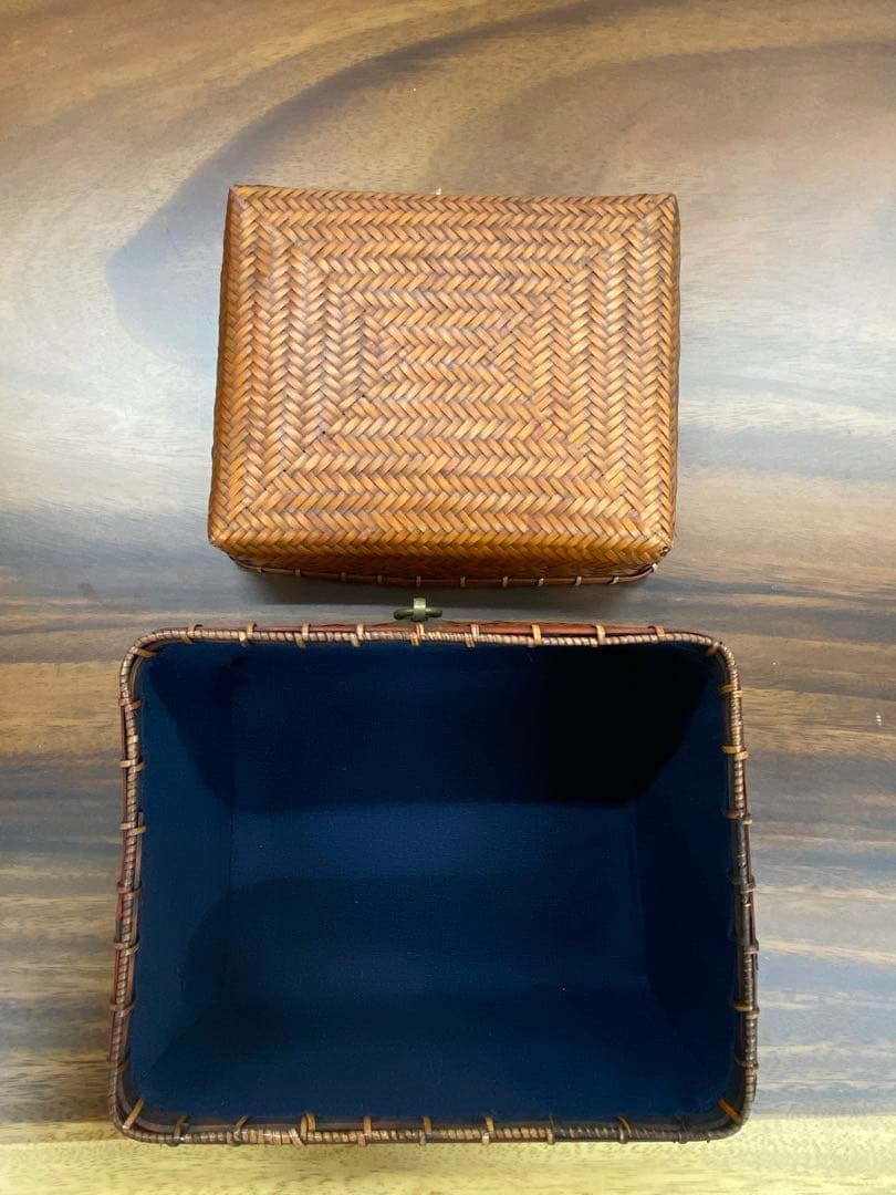 竹細工　蓋付き収納ボックス ブラウン茶道収納バッグ竹編バッグ 手作工芸品