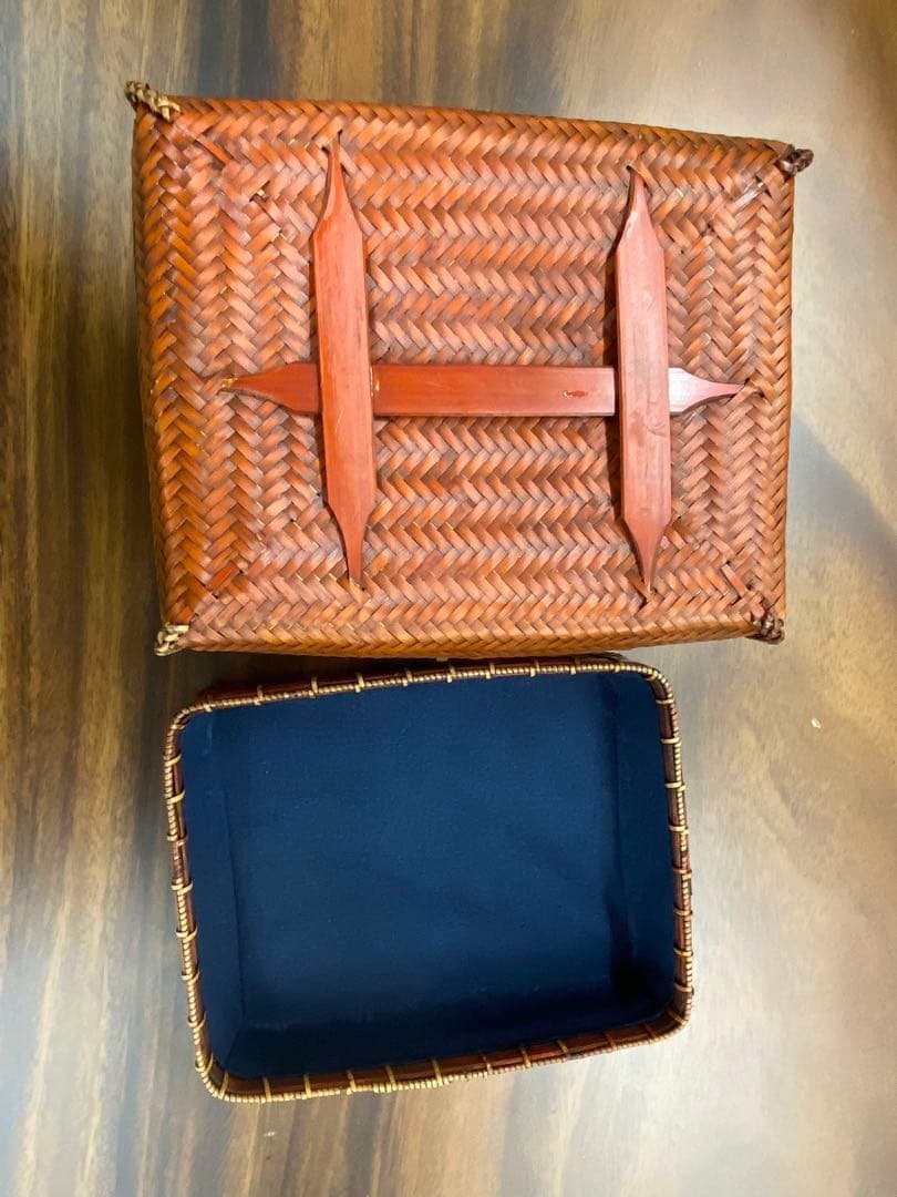 竹細工　蓋付き収納ボックス ブラウン茶道収納バッグ竹編バッグ 手作工芸品
