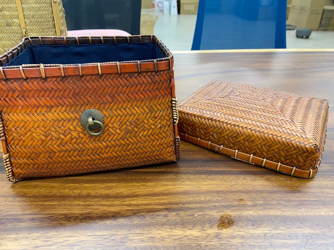 竹細工　蓋付き収納ボックス ブラウン茶道収納バッグ竹編バッグ 手作工芸品