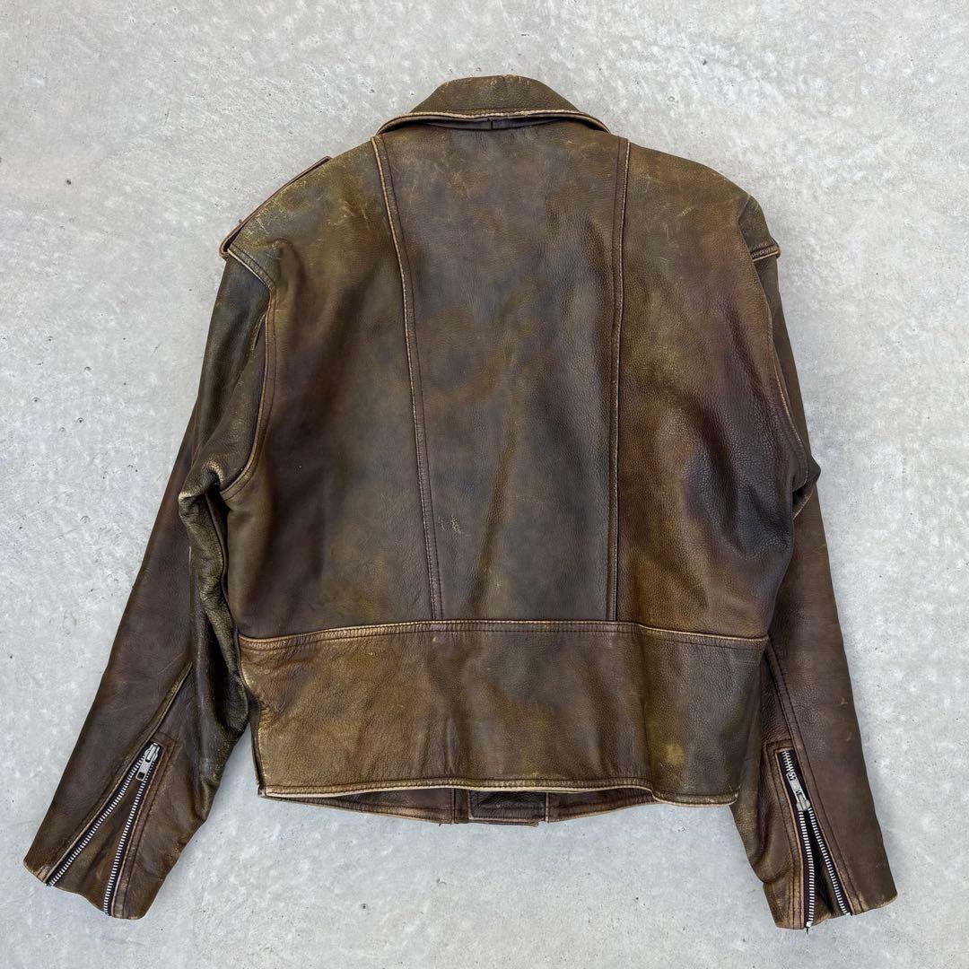 VINTAGE ダブル ライダースジャケット ダメージ 茶 L ジップ難あり