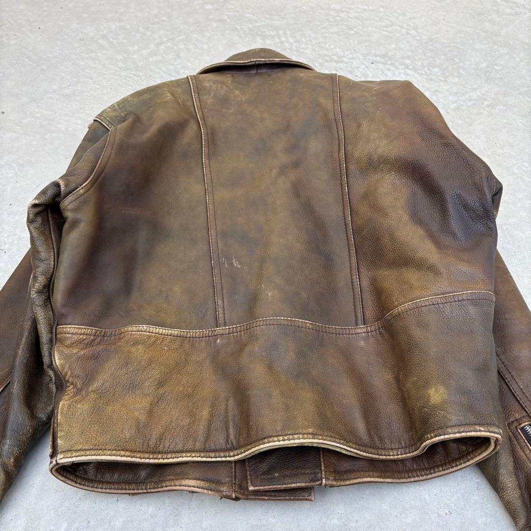 VINTAGE ダブル ライダースジャケット ダメージ 茶 L ジップ難あり
