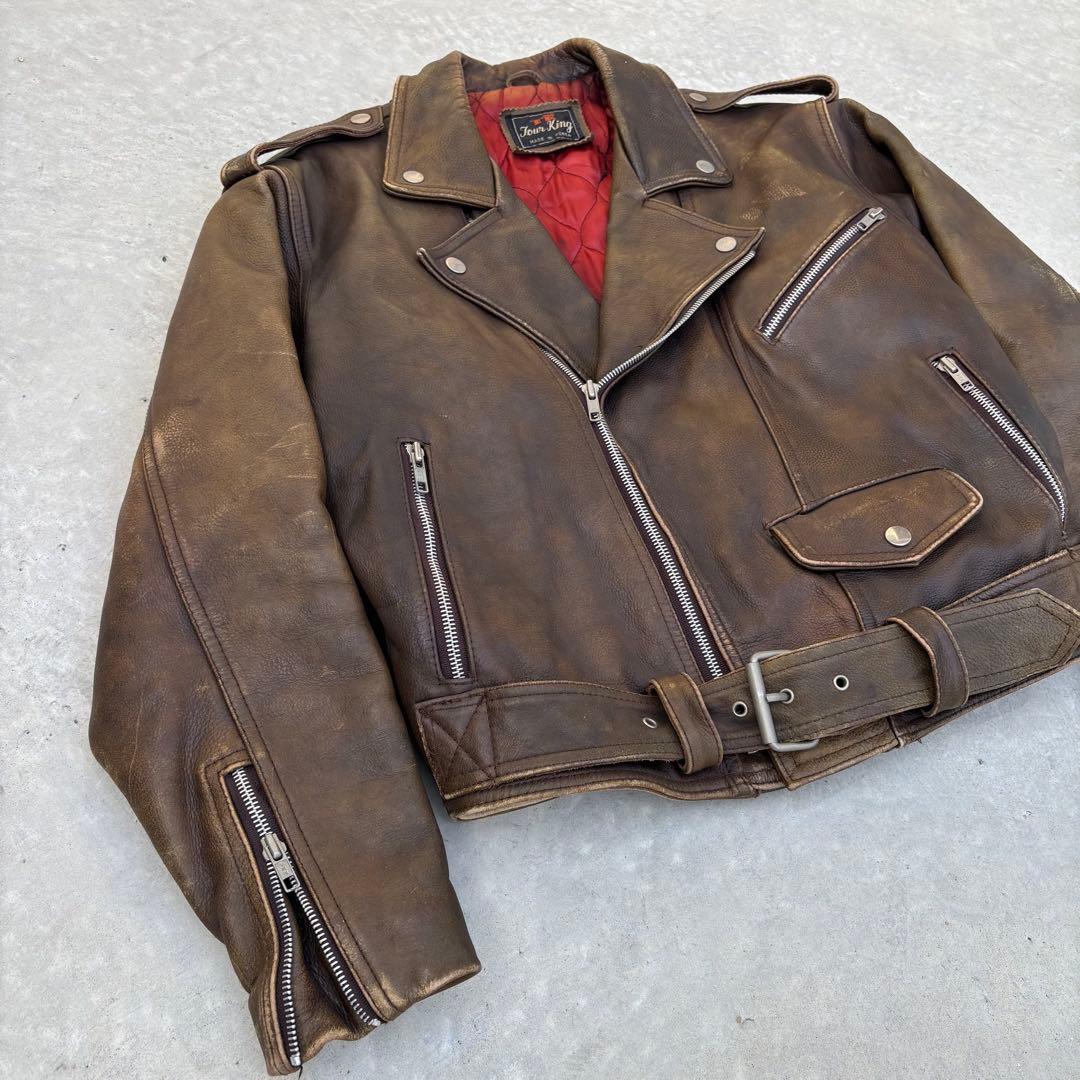 VINTAGE ダブル ライダースジャケット ダメージ 茶 L ジップ難あり