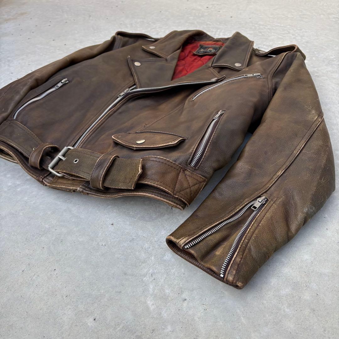 VINTAGE ダブル ライダースジャケット ダメージ 茶 L ジップ難あり