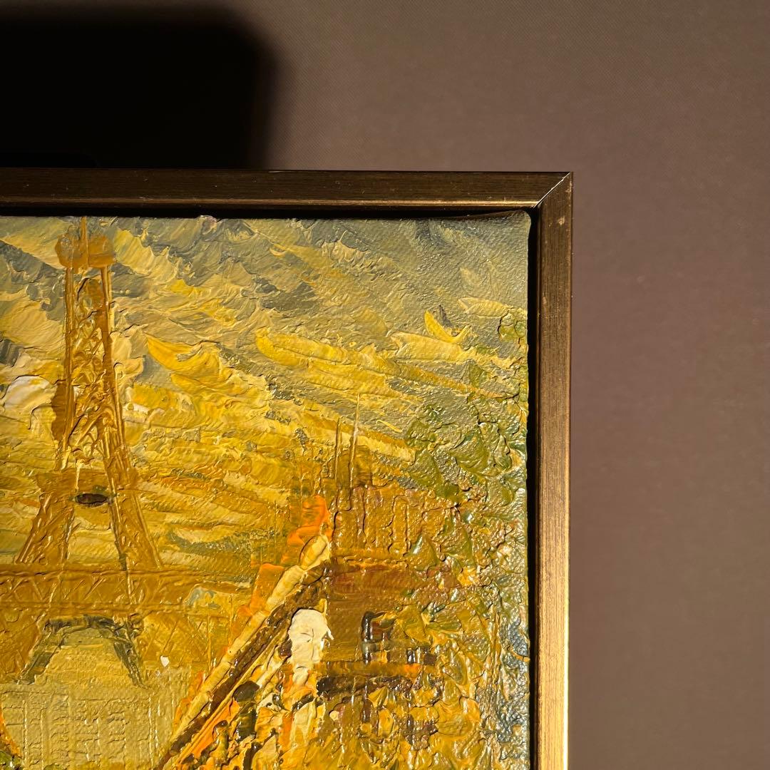 手描き油絵 パリの風景 エッフェル塔 ダーク 額付 肉筆絵画 インテリア 油彩画