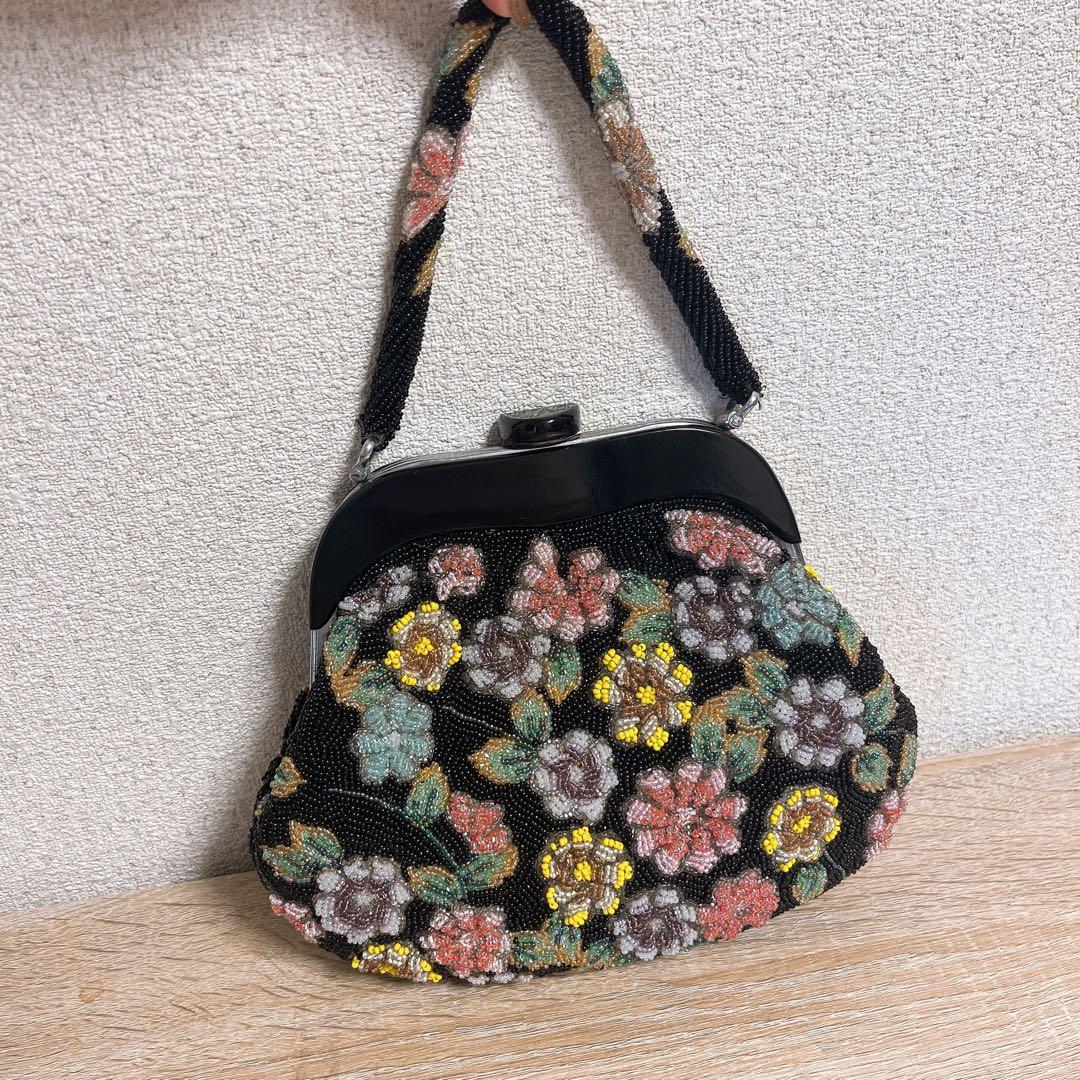ビーズバック レトロ　花柄 和装 洋装 小物 ハンドバッグ