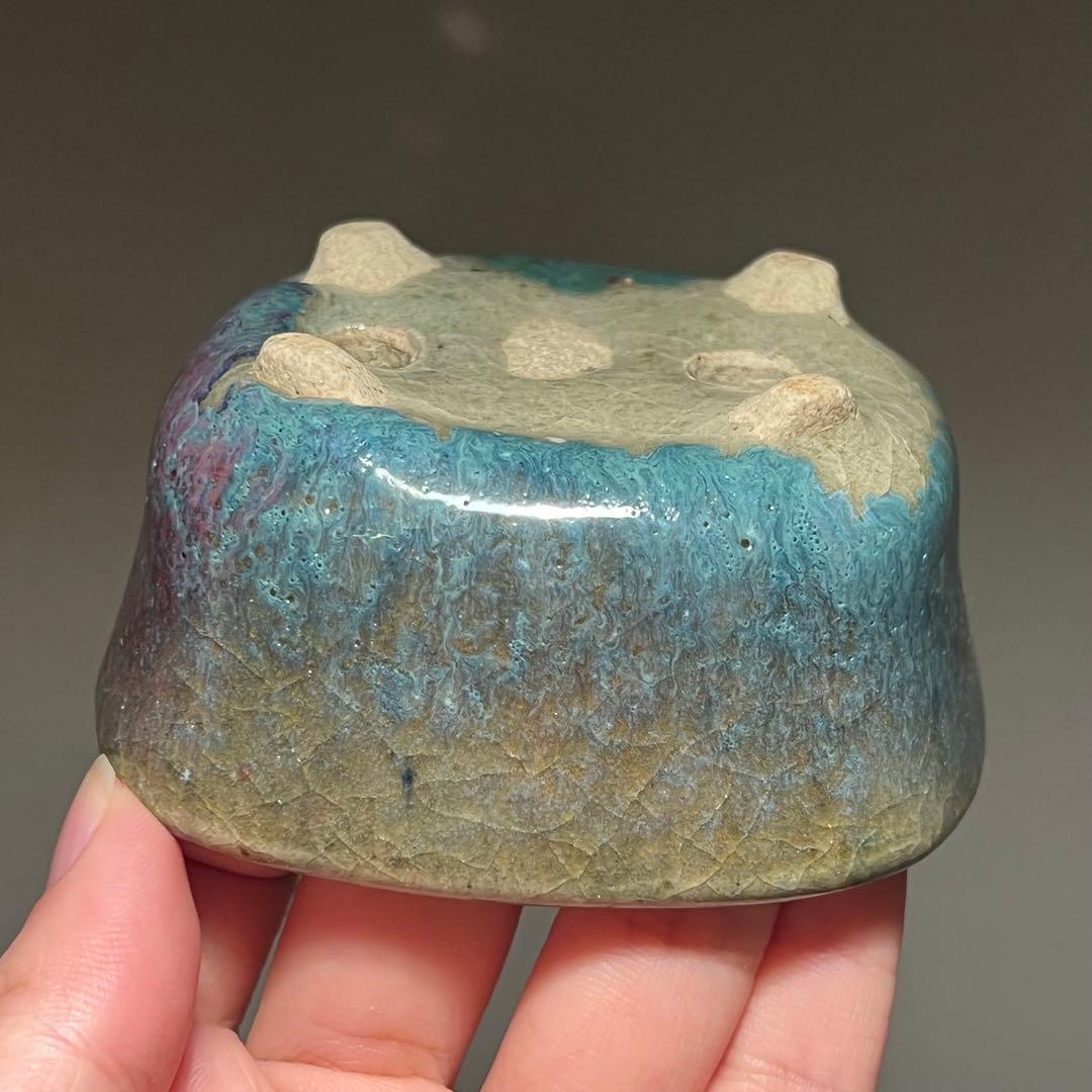 825.秋直 紫釉抚角長方 盆栽鉢 植木鉢 8.6*7.6*4.2cm