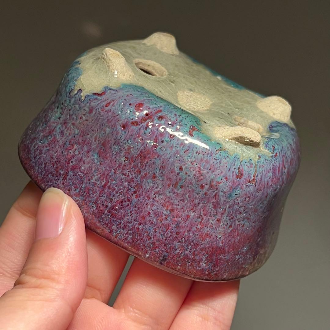 825.秋直 紫釉抚角長方 盆栽鉢 植木鉢 8.6*7.6*4.2cm