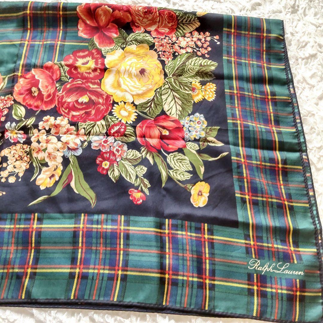 美品　Ralph Lauren　シルクスカーフ 大判 総柄 花柄チェック　亀井