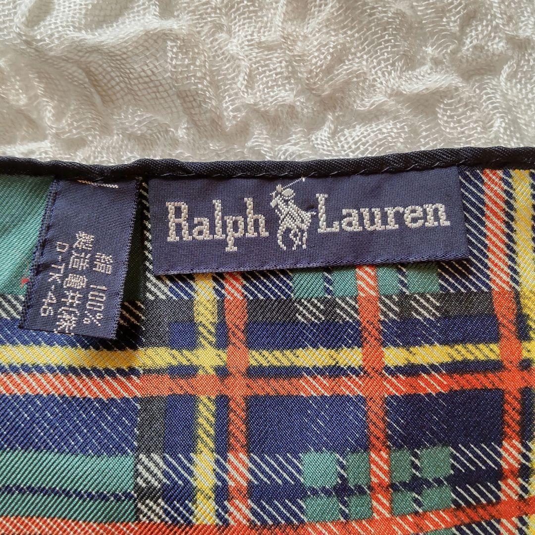 美品　Ralph Lauren　シルクスカーフ 大判 総柄 花柄チェック　亀井