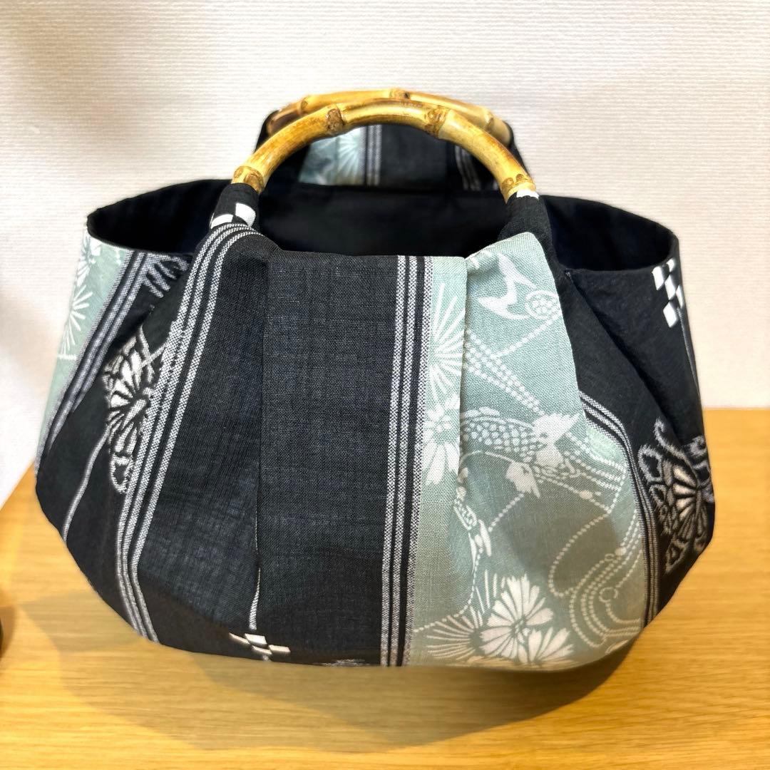 おかねちゃん画面和装バック着物バック琉球柄　蝶と鯉みんさー柄（黒グレー）
