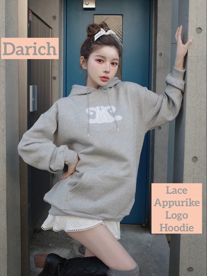Darich レース アップリケ ロゴ フーディ パーカー グレー 人気