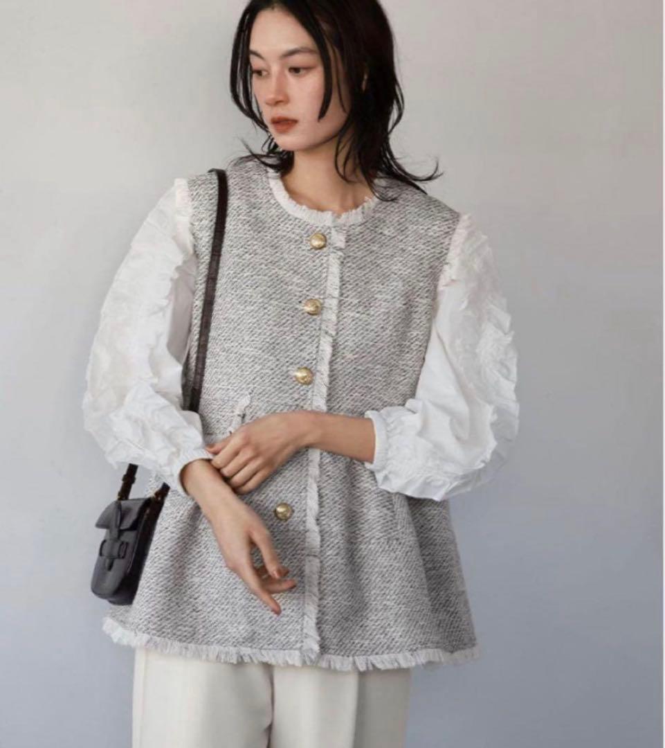 エルフランク【美品】ペプラムツイードフリンジベスト ジレ