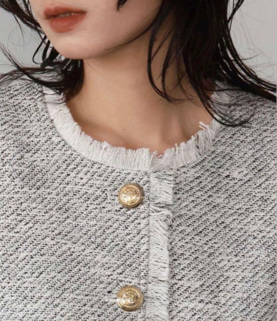 エルフランク【美品】ペプラムツイードフリンジベスト ジレ