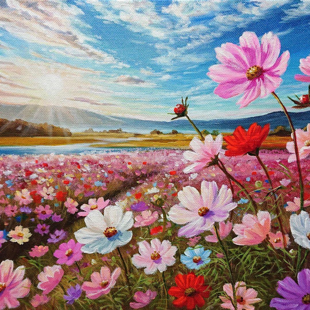 【秋桜の眺め】アクリル画 F3 風景画 絵画