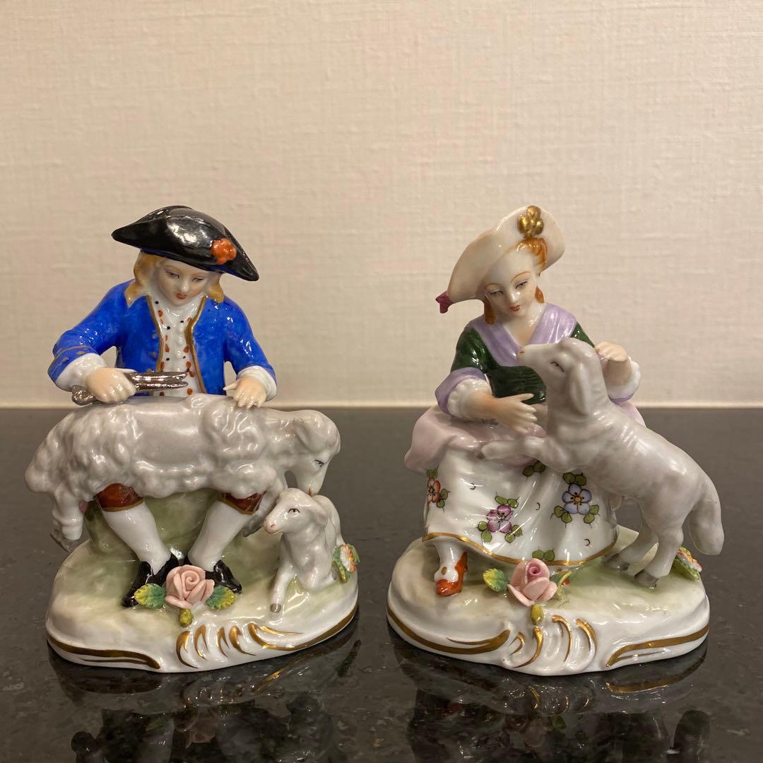 【希少♡一点物】ジッツェンドルフ　カップルと羊　磁器人形