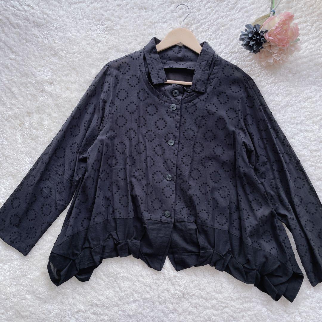 美品 慈雨 ジウ センソユニコ シアー変形ブラウス ドット 塩縮加工 40