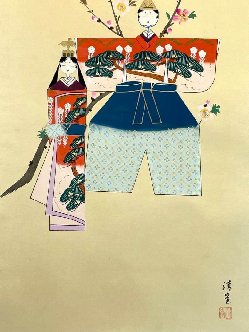 長谷川清堂 「雛之図」 肉筆 ひな祭り 立雛 日本画 掛け軸 掛軸 茶掛 絵画