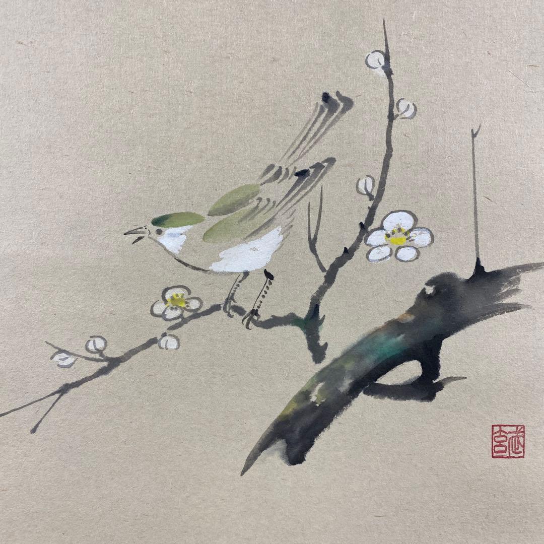 美品 掛け軸 小室大心作 梅に鶯画賛「春暖歌声滑」大徳寺 共箱 禅語 茶掛け