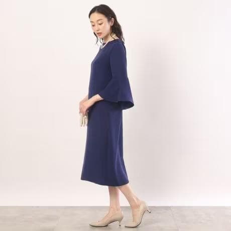 美品　アンタイトル　【オケージョン／洗える】袖口フレア サックワンピース　ブルー