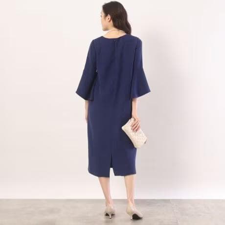 美品　アンタイトル　【オケージョン／洗える】袖口フレア サックワンピース　ブルー