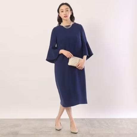 美品　アンタイトル　【オケージョン／洗える】袖口フレア サックワンピース　ブルー