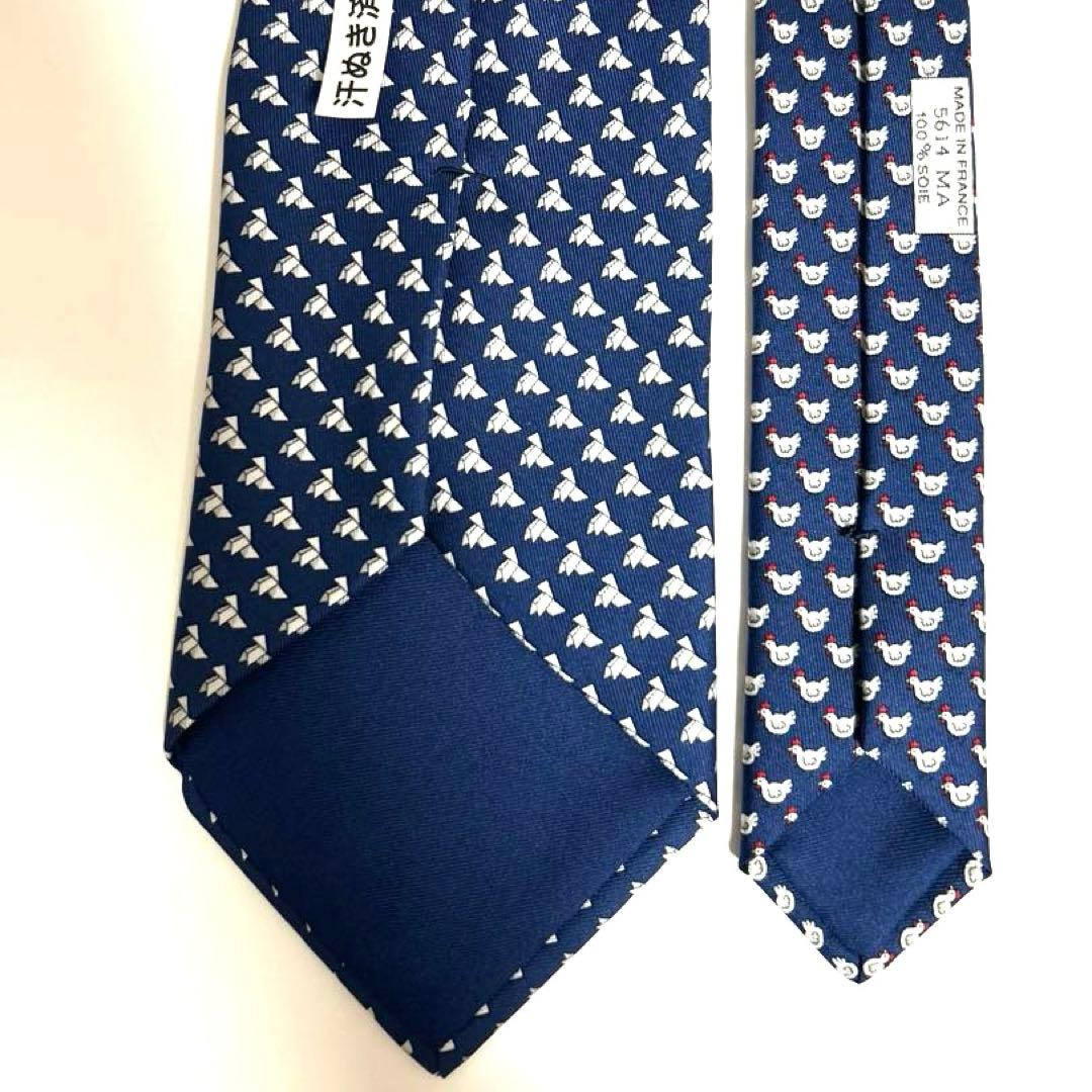 エルメス　HERMES　ニワトリ柄 ネクタイ　シルク　総柄　動物柄　幾何学模様