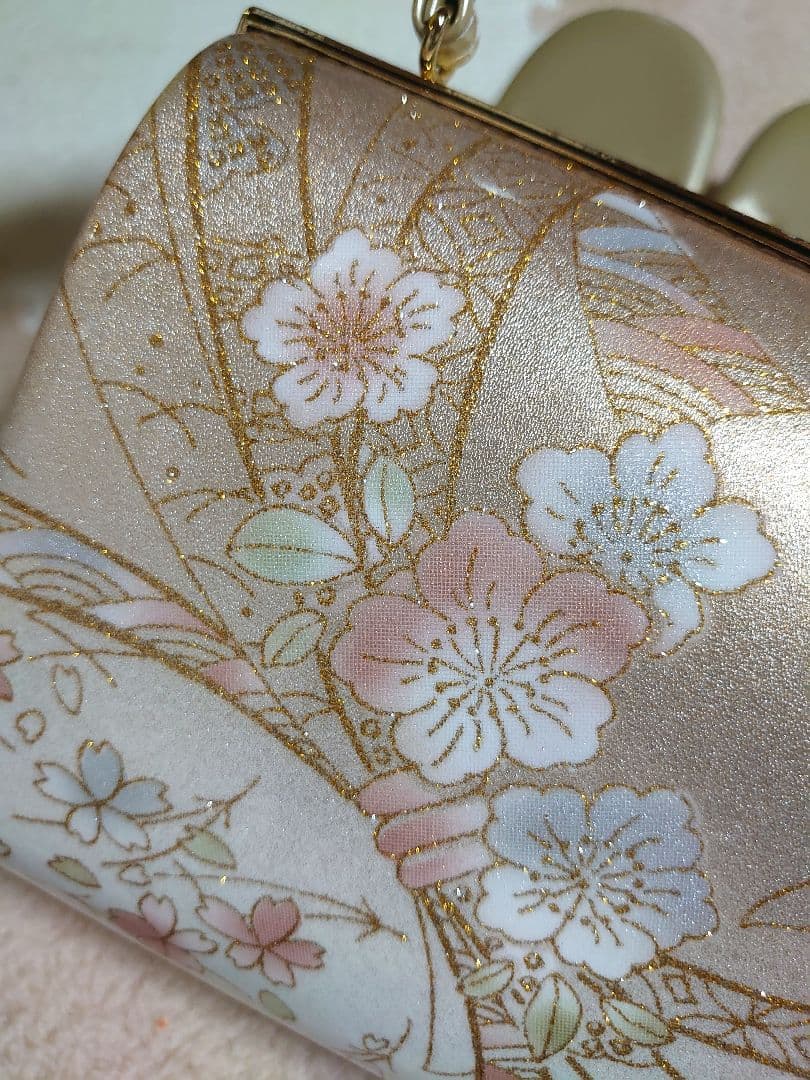 美品 シャンパンゴールド 花柄 和装用 バッグと草履セット
